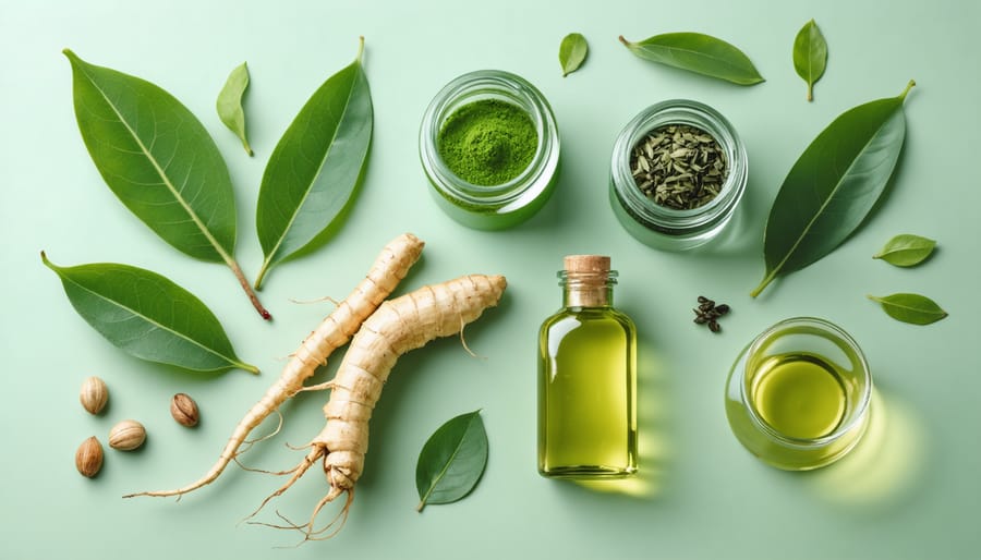 Natural Korean beauty ingredients displayed on a white marble surface