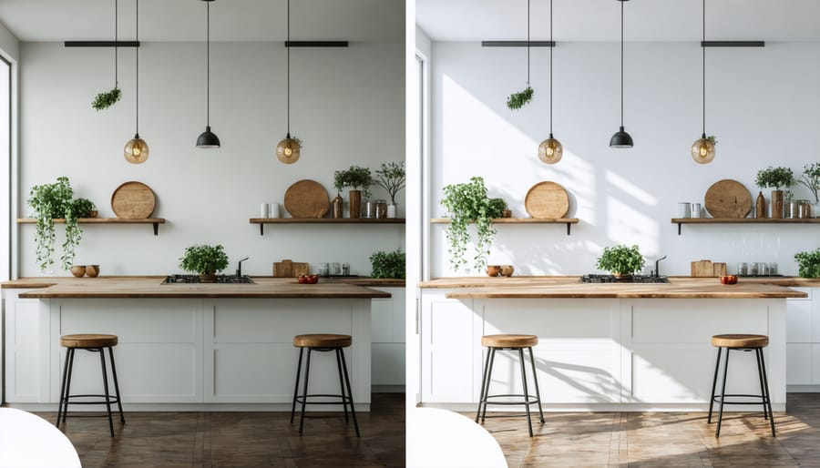 Split image showing traditional kitchen versus kindercore-styled kitchen with colorful appliances and geometric tiles