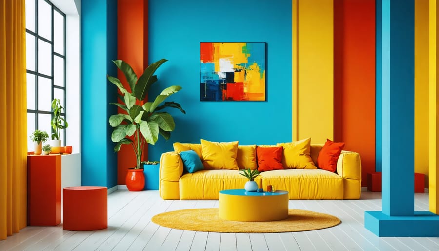 Modern living room featuring kindercore design with yellow sofa, blue geometric rug, and red accent pieces