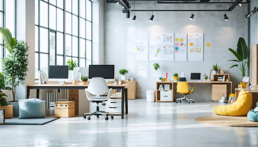 Home office featuring curved desk, colorful storage solutions, and geometric wall art balancing professionalism with playfulness