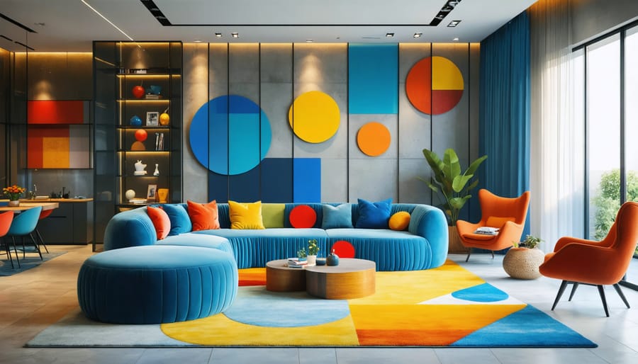 Modern living room decorated with Kindercore design, featuring a blue rounded sofa, yellow geometric rug, and red accent chairs, set against playful patterns and a sophisticated aesthetic.