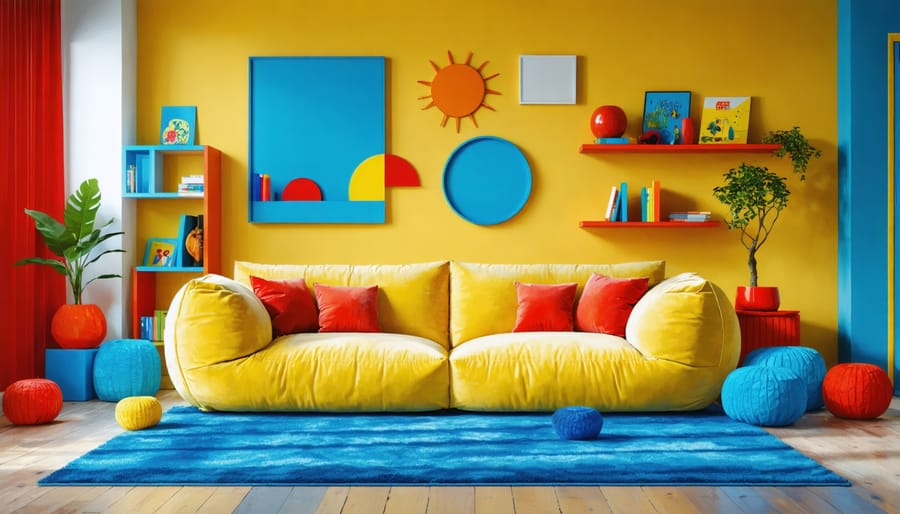 A playful living room featuring a bright yellow sofa, a blue geometric rug, and red accent pieces, all set amidst toylike furniture and bold design elements in a kindercore style.