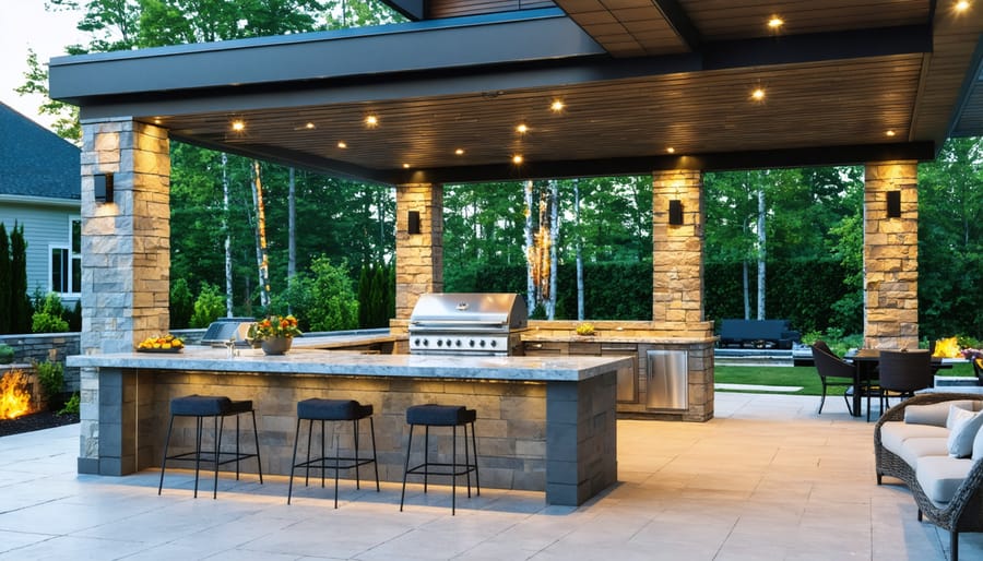 High-end outdoor kitchen featuring stainless steel appliances and bar area