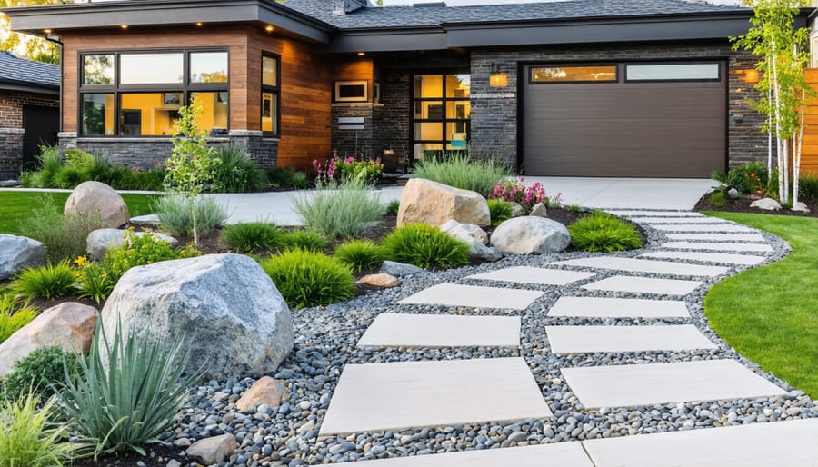 Contemporary zero-maintenance front yard design with gravel landscaping and ornamental rocks