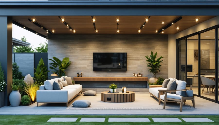 Luxurious covered outdoor entertainment area with modern furniture and multimedia setup