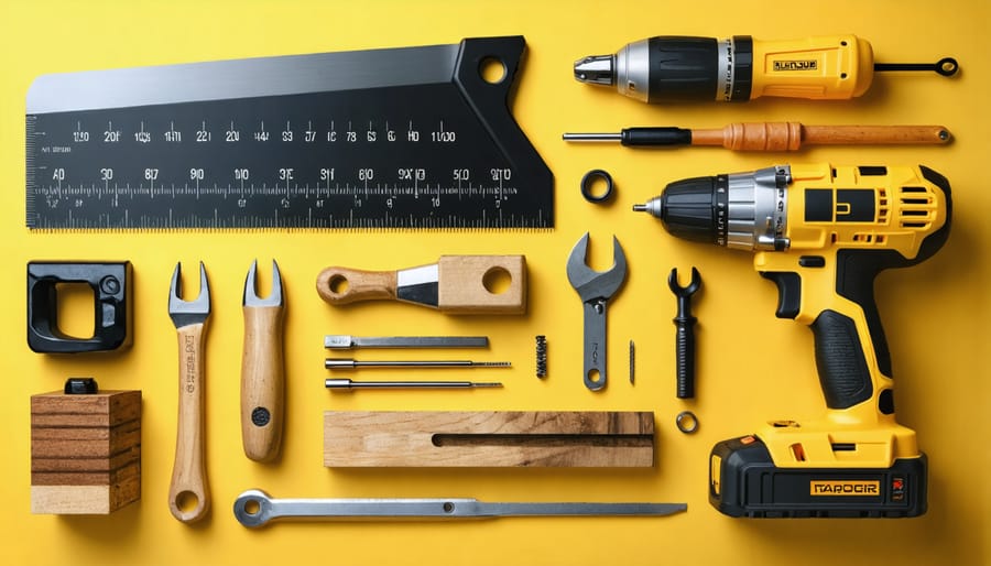 Flat lay of basic DIY furniture making tools and hardware on wooden workbench