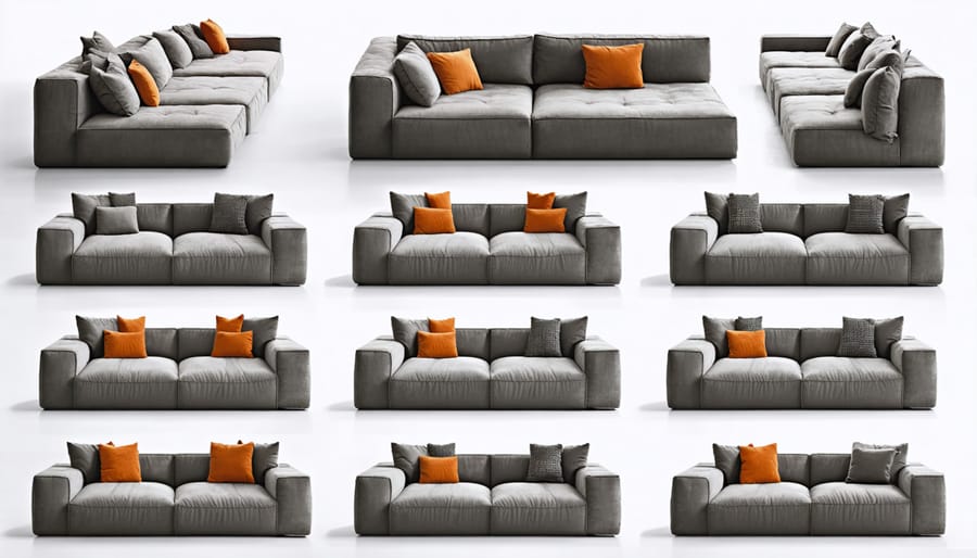 Three different arrangements of the same modular sectional sofa pieces