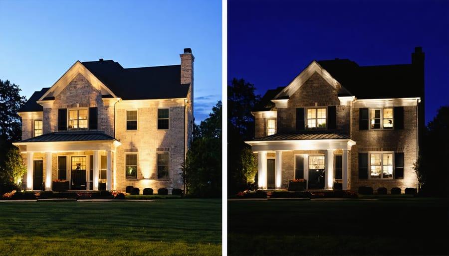 Before and after comparison of traditional vs smart motion-detecting outdoor lighting