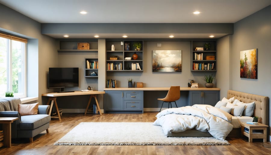 Versatile basement room design featuring convertible furniture and smart storage solutions