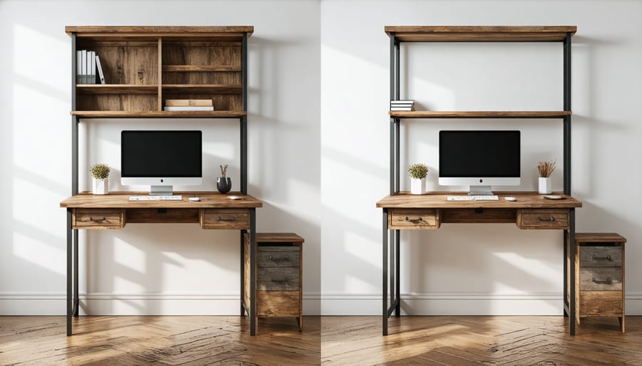 Fold-down wall desk demonstrating compact storage and workspace functionality