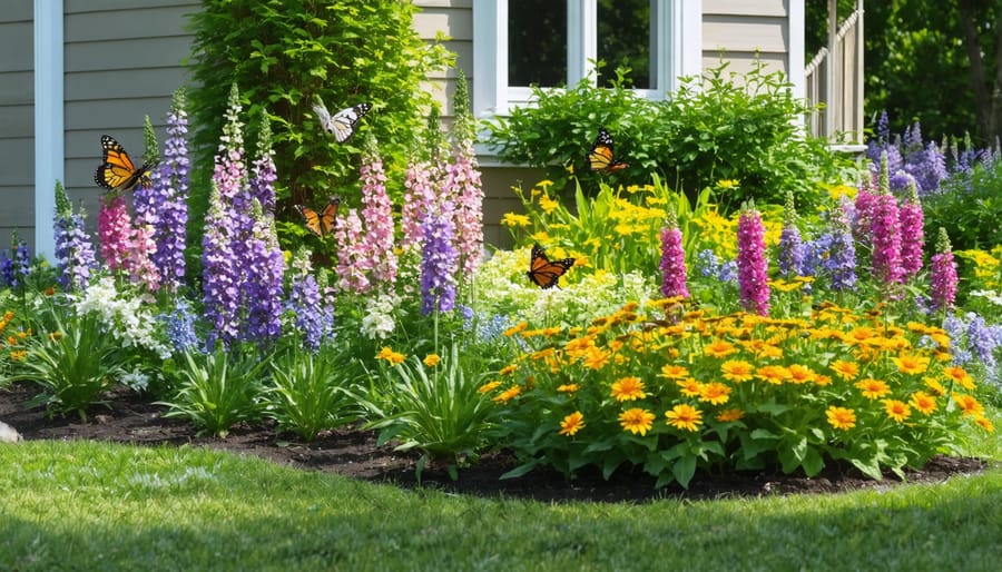 Diverse native garden with pollinators visiting colorful flowering plants