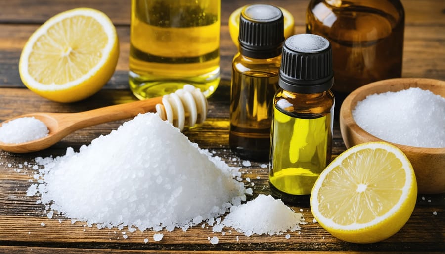 Natural cleaning ingredients display with vinegar, baking soda, lemons, and essential oils