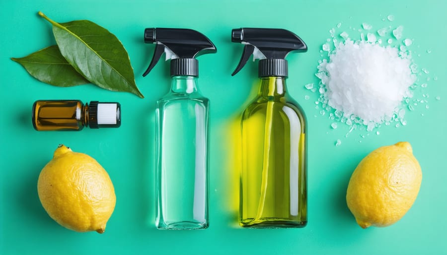 Essential natural cleaning ingredients arranged on a wooden surface: white vinegar, baking soda box, fresh lemons, and essential oil bottles