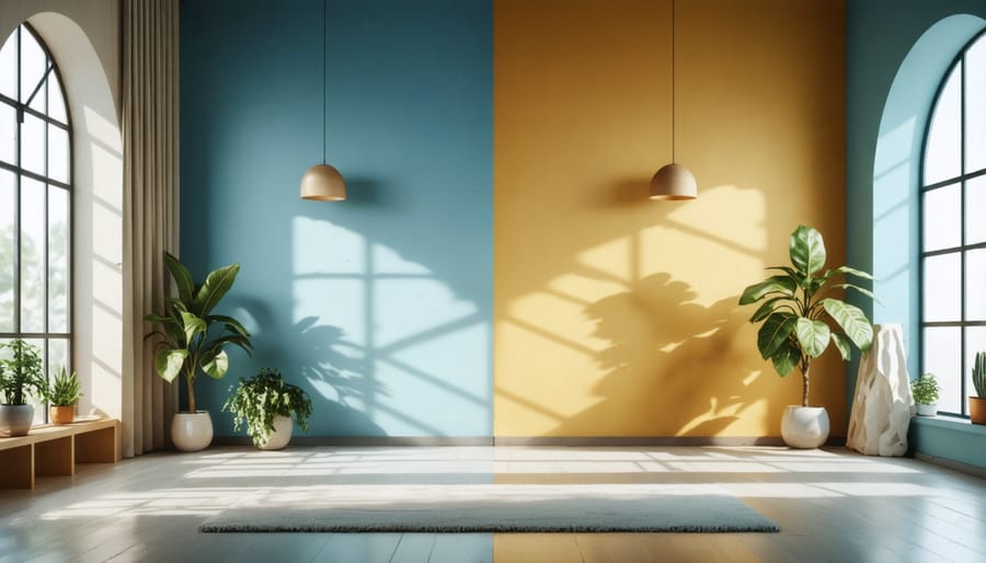 Side-by-side comparison of room colors under different natural lighting conditions