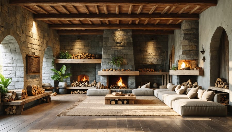 Room interior featuring natural wood and stone elements with organic textiles