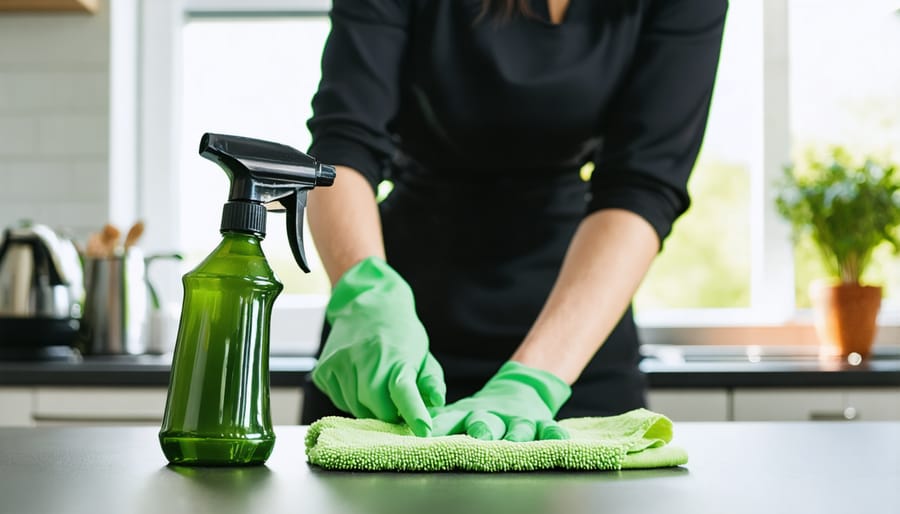 Demonstration of organic all-purpose cleaner being used on kitchen counter