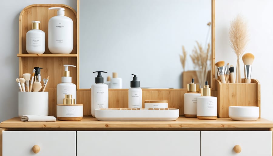 Modern vanity organization featuring ethical K-beauty products in sustainable storage containers