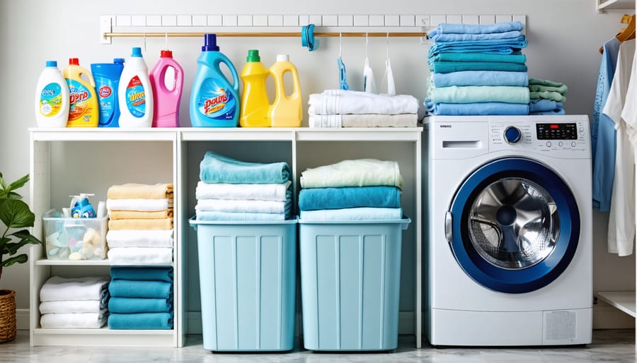 A well-organized laundry room displaying sorted laundry piles by color, essential detergents, and sorting bins labeled for easy laundry management.