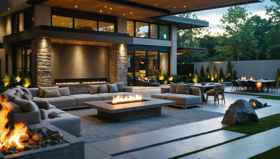 Atmospheric outdoor living area at night with strategic lighting and heating elements