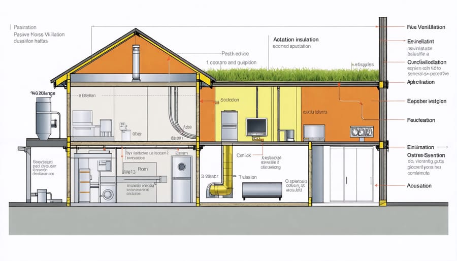 Technical illustration showing passive house insulation layers and airflow patterns