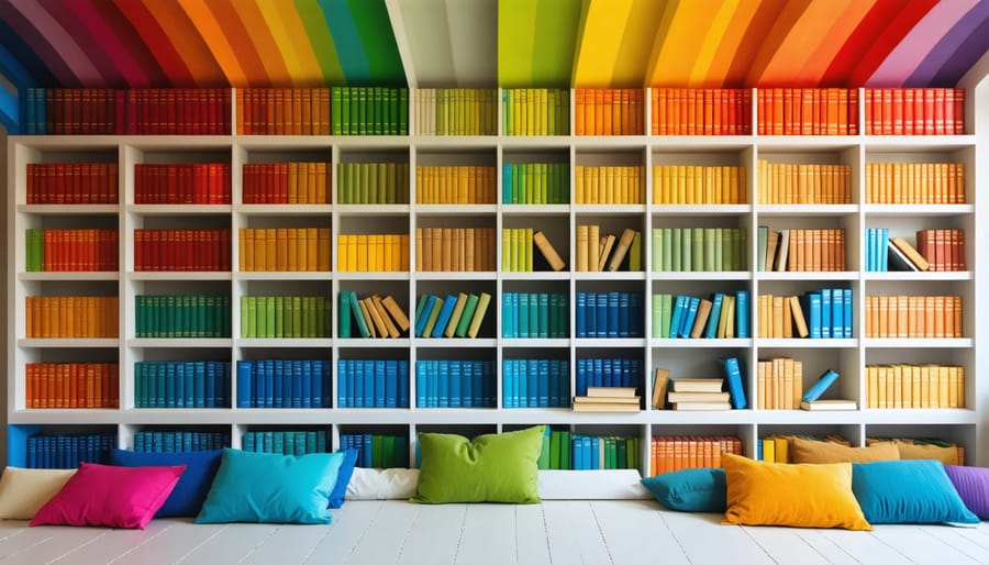 Books arranged in a rainbow color spectrum pattern on white shelves