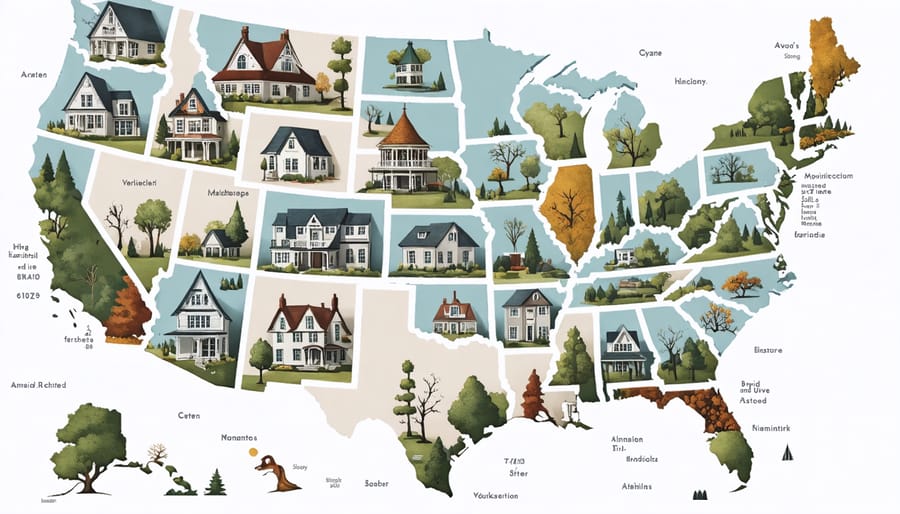 US map highlighting regional architectural styles with representative house examples