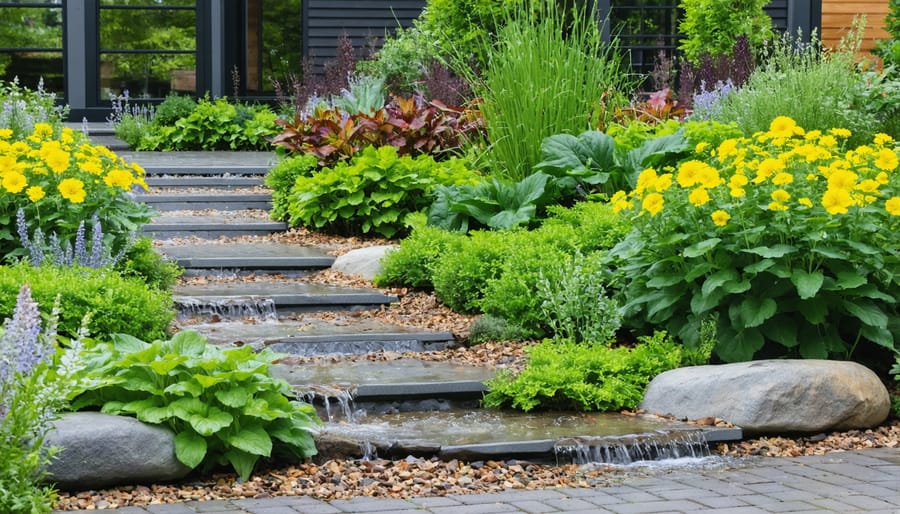 Residential rain garden with water-loving plants managing stormwater runoff