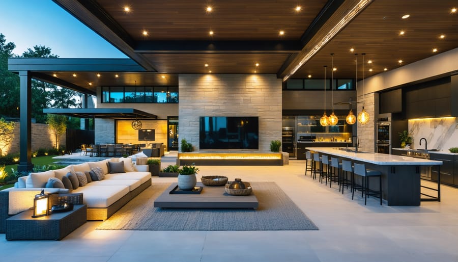 Luxurious resort-style outdoor entertainment area with modern seating, integrated lighting, and state-of-the-art amenities in a cozy backyard setting.