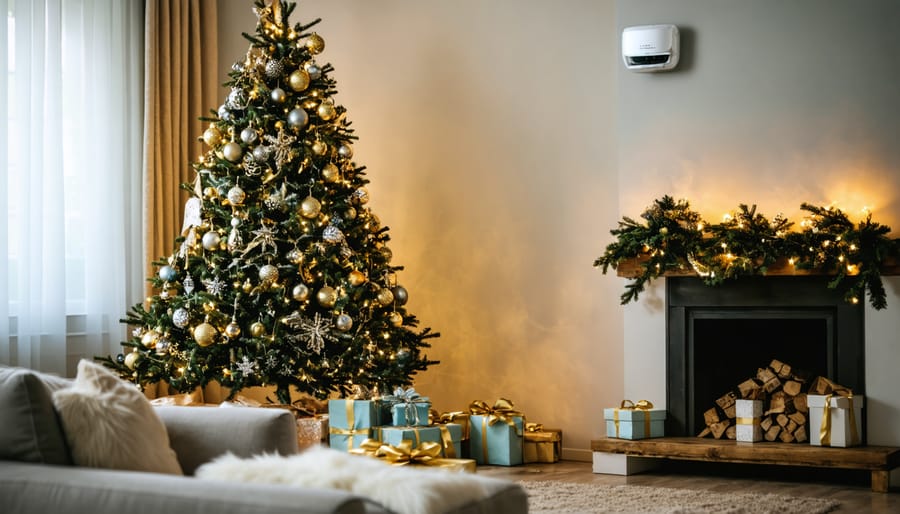 A family enjoying a safe holiday atmosphere with a well-decorated Christmas tree, showcasing high-placed ornaments, LED lights, and a visible smoke detector to emphasize safety measures.