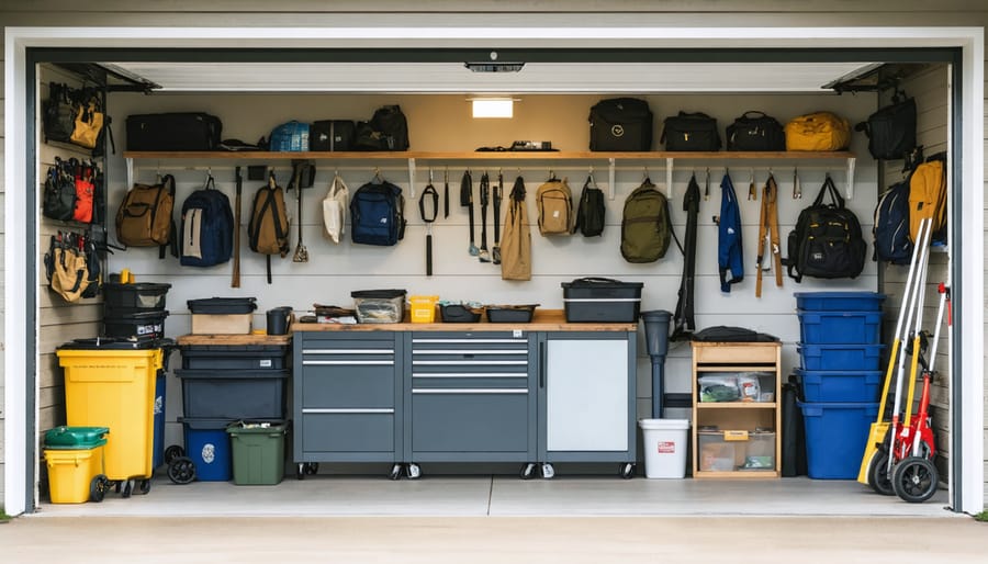 Well-organized garage storage showing protected outdoor furniture and seasonal items