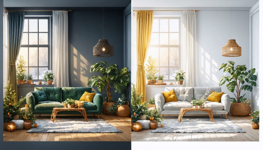 A living room shown in a split-view, illustrating seasonal changes with a winter scene featuring cozy velvet furniture and a summer scene with light rattan furniture and pastel tones.