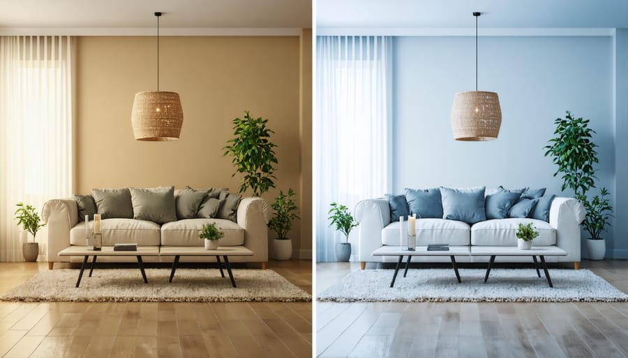 Side-by-side comparison of a living room styled for summer with light fabrics and winter with cozy textiles