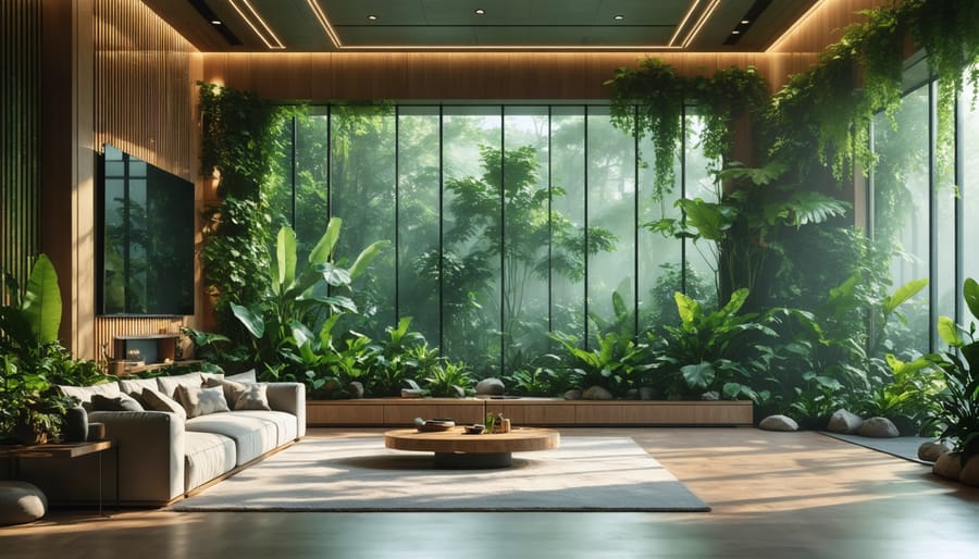 A tranquil living room featuring floor-to-ceiling windows that provide natural light and garden views, accentuated by lush green plants and a wooden wall that connects indoor and outdoor spaces in a biophilic design.