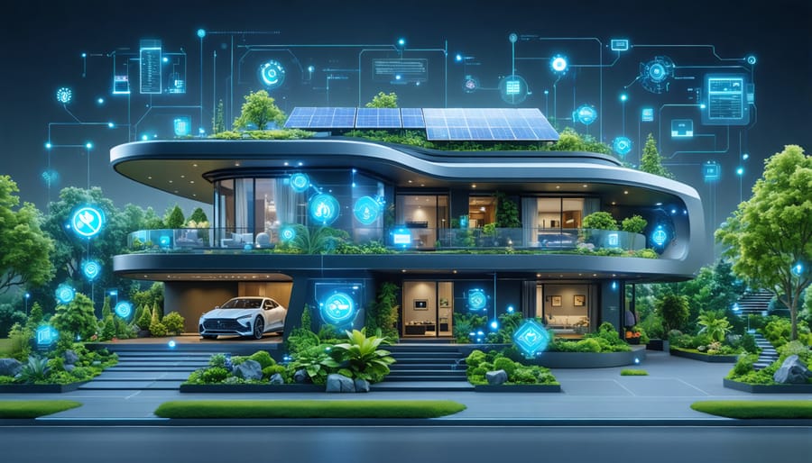 Illustration of a futuristic home surrounded by eco-friendly technologies including solar panels, smart irrigation, and energy-saving LED lighting, with digital interfaces showing energy consumption on display.