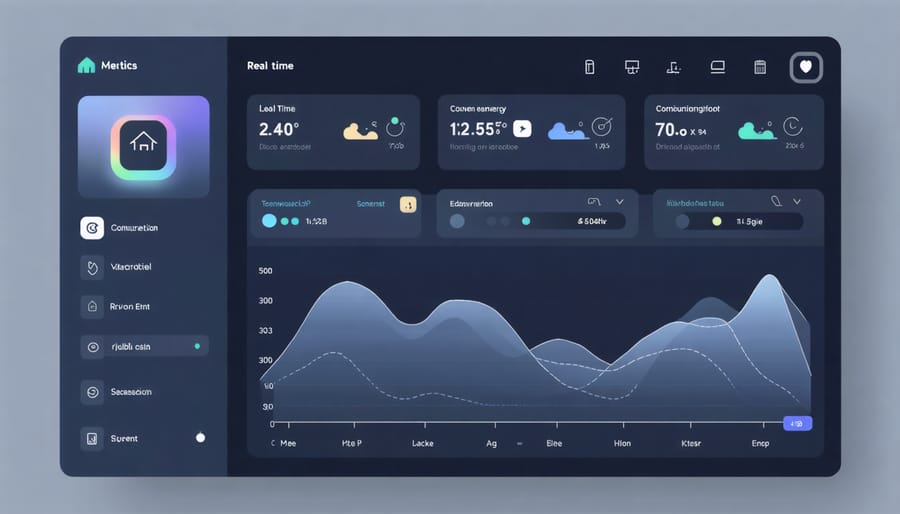 Digital interface displaying household energy usage statistics and smart device controls