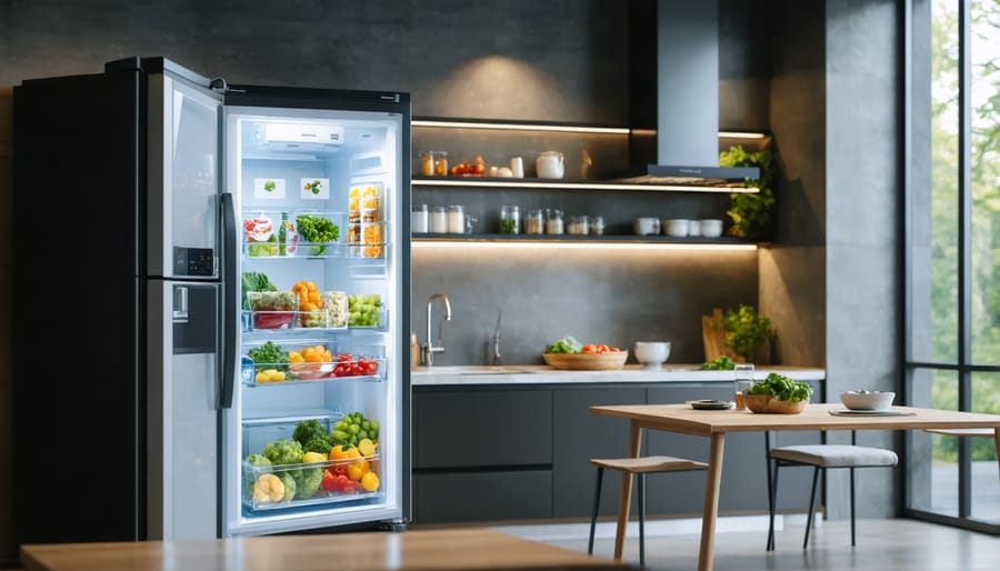 Smart refrigerator with digital display showing food inventory management system