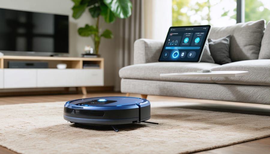 A modern living room with a robot vacuum cleaner navigating around furniture while a tablet displays automated cleaning schedules, reflecting the integration of smart cleaning gadgets.