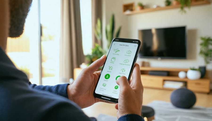 Hand holding smartphone displaying smart home sustainability control app interface