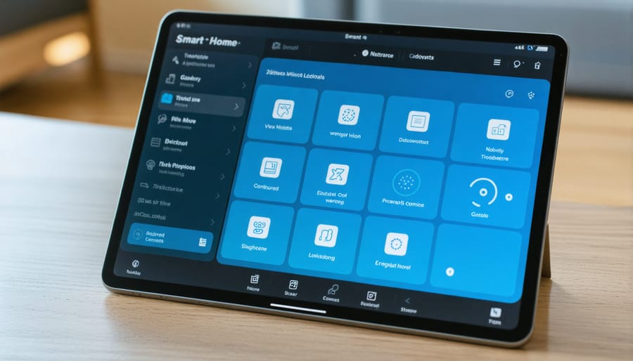 Tablet screen displaying unified smart home control interface with multiple device categories