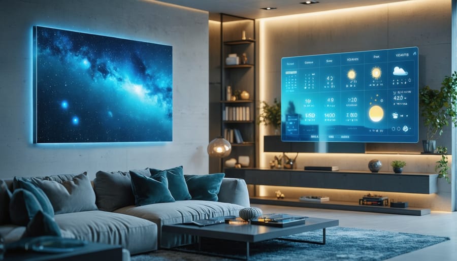 Smart home decor setup with interactive mirror and LED wall art