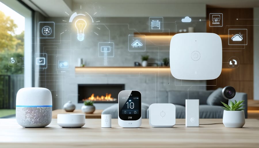 An illustration of a smart home system with connected devices such as a thermostat, leak detector, and security camera, emphasizing energy efficiency and automated maintenance.