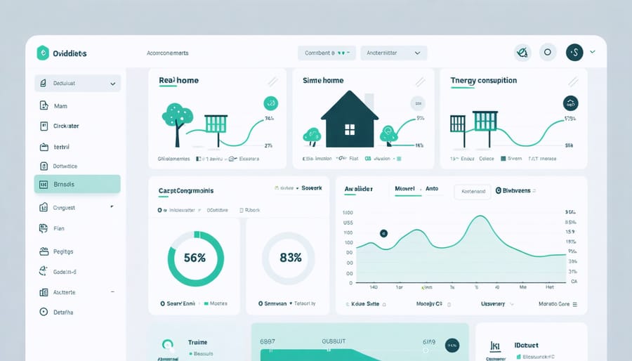 Digital interface displaying home energy usage statistics and smart controls for lighting and temperature