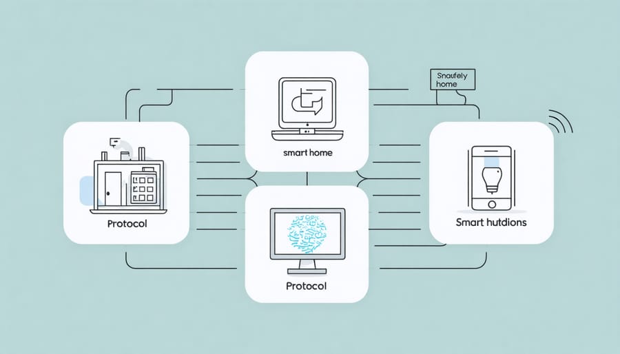 Visual representation of Z-Wave, Zigbee, Wi-Fi, and Bluetooth protocols connecting various smart home devices