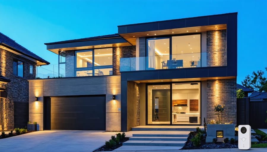 A modern home with integrated smart security systems, showcasing a video doorbell and surveillance cameras at dusk, highlighting automated lighting for safety.