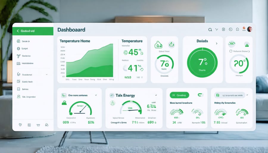 Smart home control panel showing temperature, humidity, and energy consumption metrics