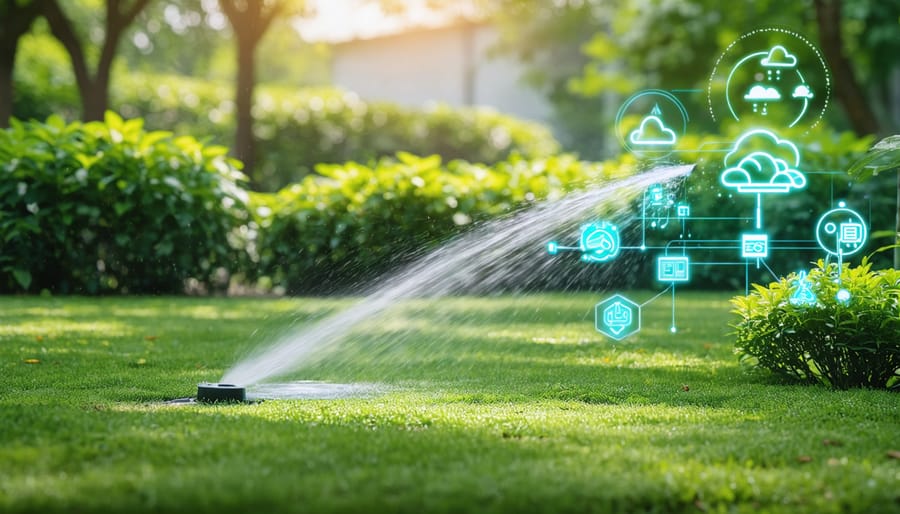 Lush garden being efficiently irrigated by a smart automated system, integrating mobile and weather-monitoring technology to enhance plant care.