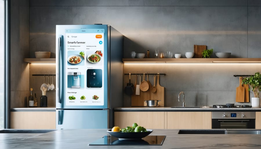 High-tech modern kitchen with smart appliances, including a refrigerator with a digital display, smartphone-controlled oven, and voice-activated assistants.