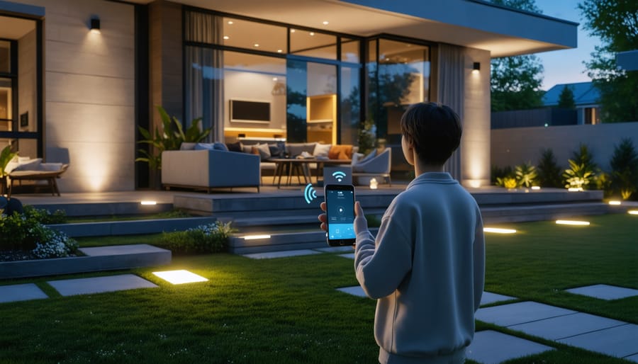 A modern home exterior illuminated by smart outdoor lighting at twilight, featuring pathway lights, flood lights, and ambient garden lighting, controlled by a person holding a smartphone in the foreground, symbolizing wireless connectivity and automation.