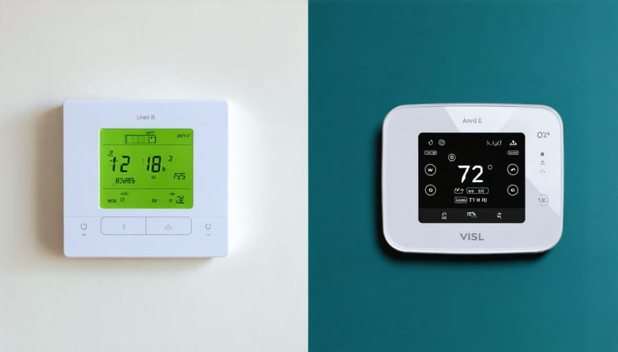 Side-by-side comparison of traditional and smart thermostats displaying energy consumption metrics