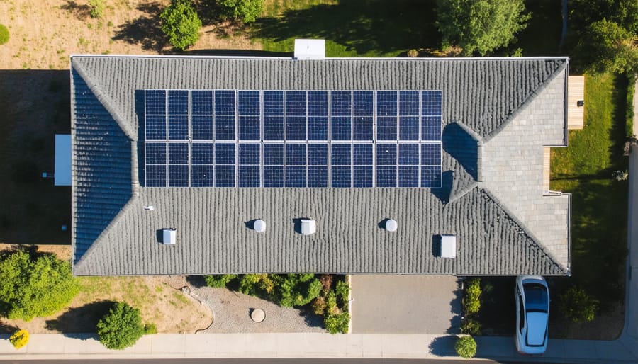 Modern ranch-style home featuring solar panels covering most of the roof surface